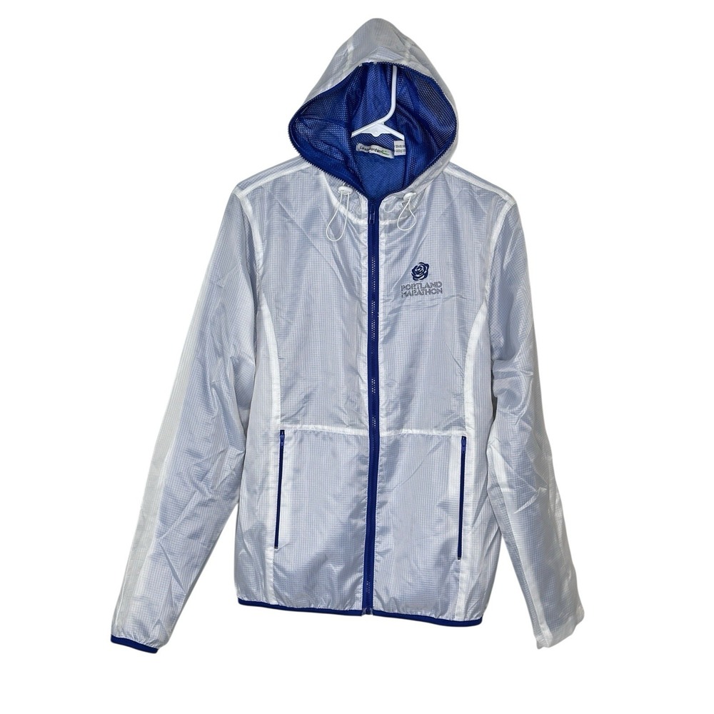 Leslie Jordan Windbreaker Running Jacket White Blue Portland Marathon SMALL